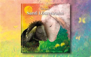 Ein gemaltes Buchcover. Ein schwarzes Lamm und ein weißes Schaf halten die Stirn aneinander.